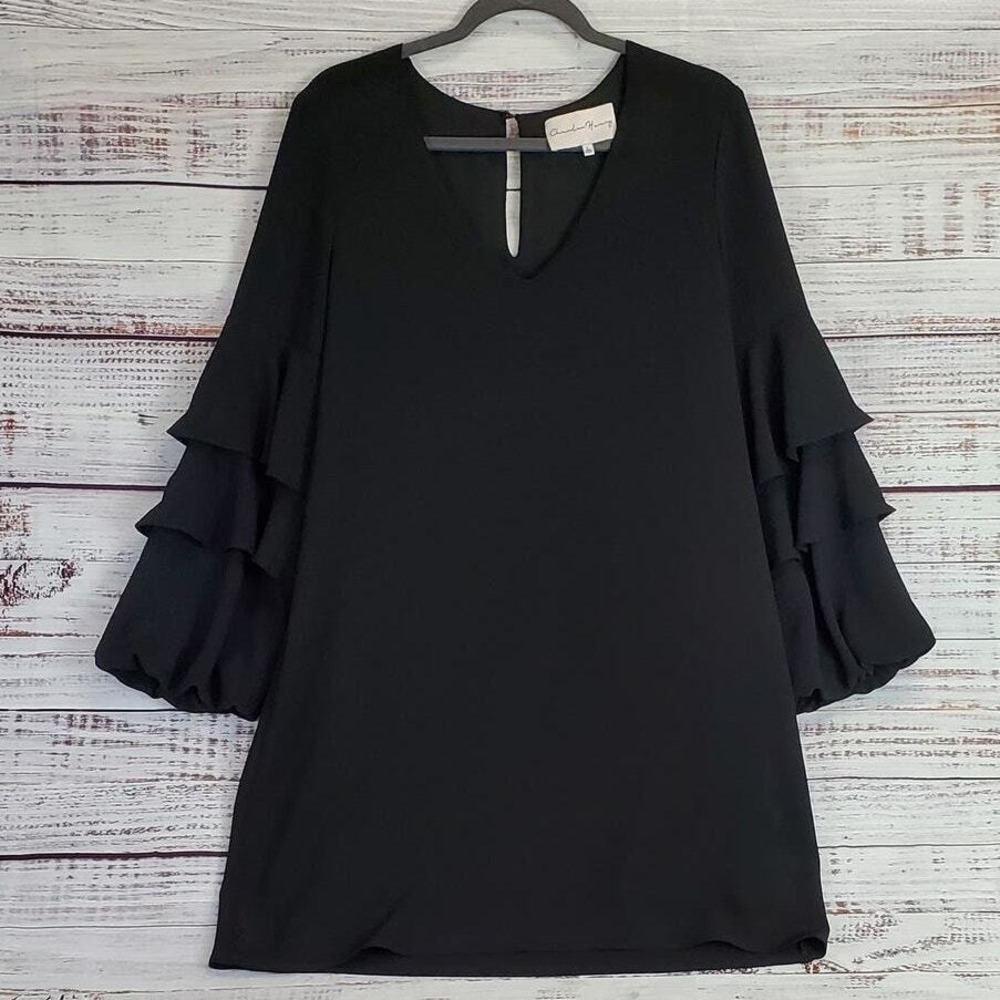 Charles Henry Whimsigoth Black Party Dress Tiered Puff Sleeves Glam Flowy Size L